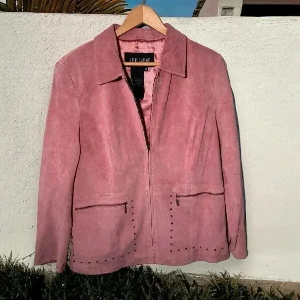 Pink suede cowgirl leather zip up jacket 1X - Picture 2 of 7